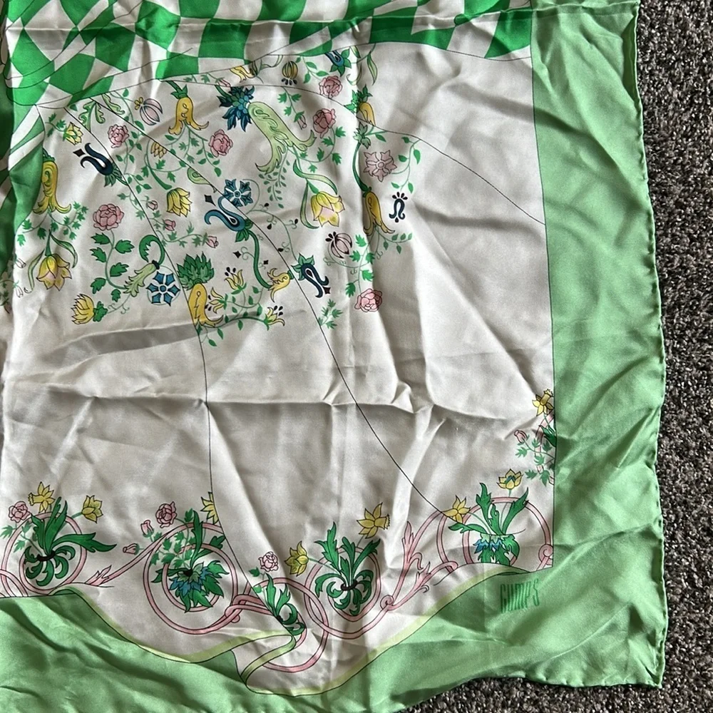 GUMPS 100% Silk Scarf Green White Floral Checkerboard Luxury Scarf